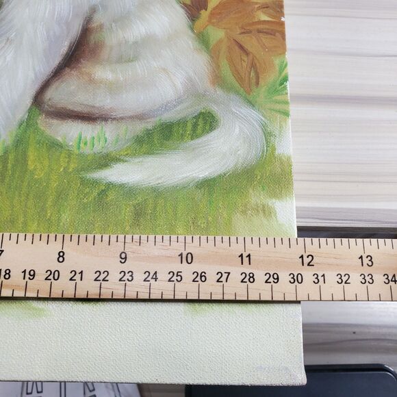 Vintage Signed Oil Painting Kitten Cat Mid-Century Modern Avocado Green T Peak - Picture 8 of 10